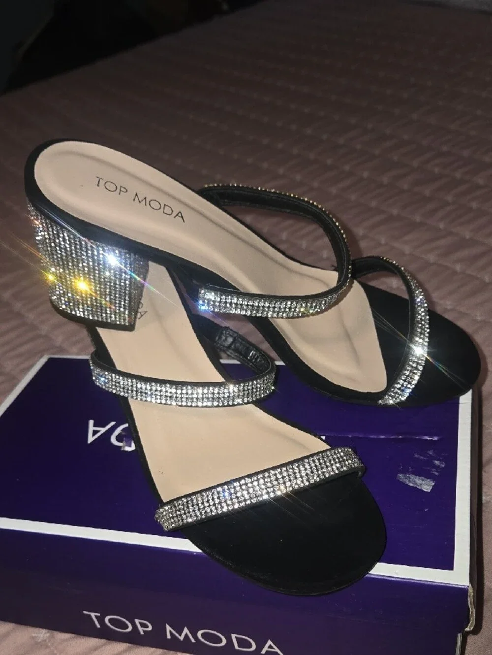 TOP Moda Black Rhinestone Double-Strap Block Heel Sandals